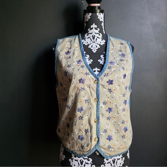 Vintage Tantrum Blues Earthy Foliage Flower Embroidered Denim Vest M Cotton - Picture 5 of 7